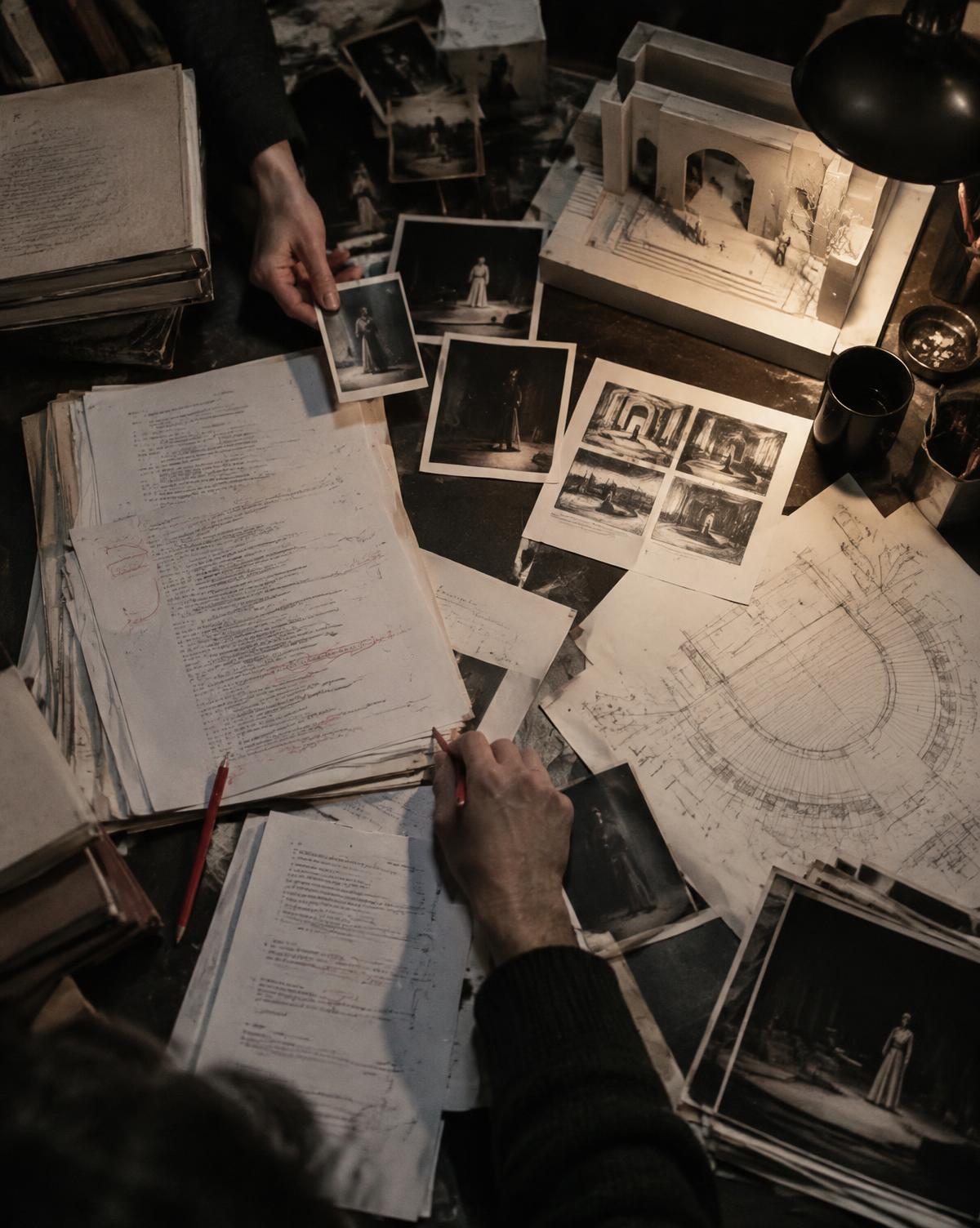 Mesa con guiones anotados, storyboards, maqueta de escenografía y fotos de actores