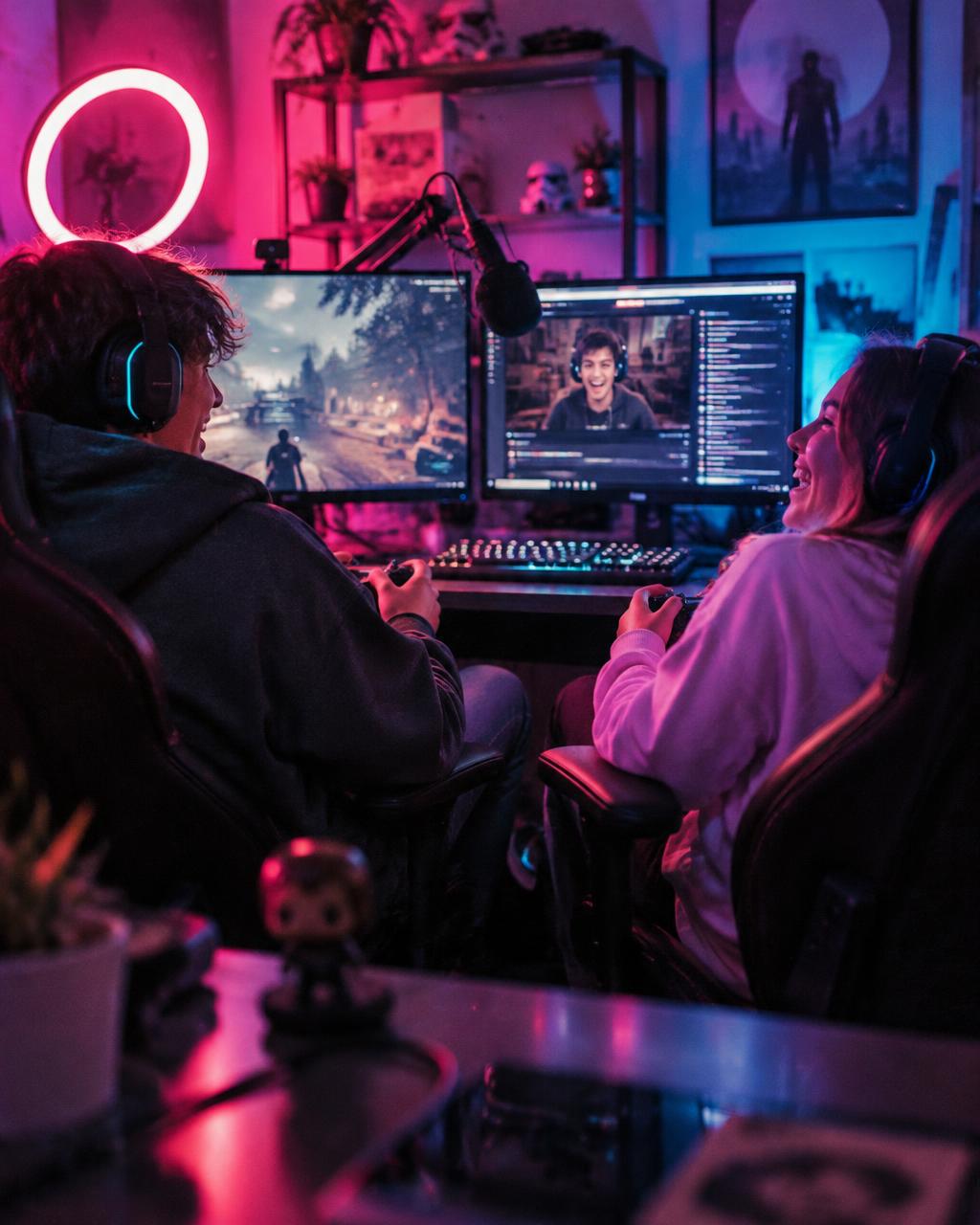 Jóvenes riendo con mandos frente a pantallas de streaming, micrófono y luces de neón